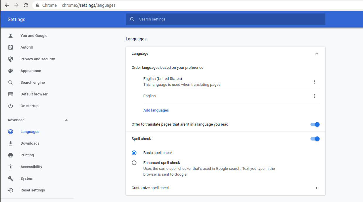 Google Chrome Languages settings